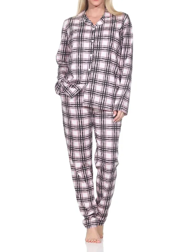 Normann dames jersey pyjama lange mouw knoopsluiting in ruitlook - ook in grote maten rosa