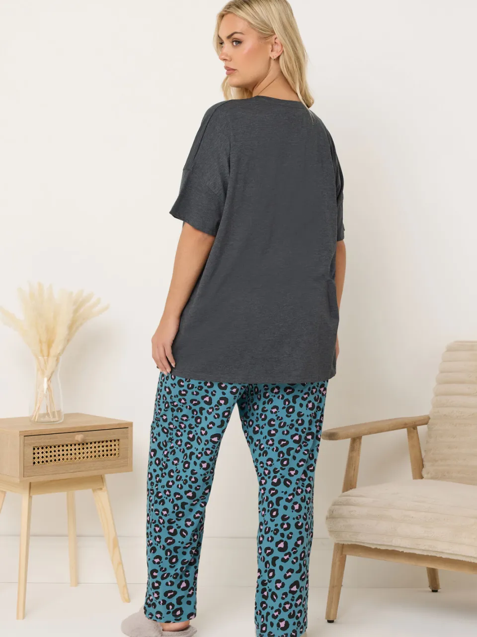 Yours Charcoal Grey Wild And Free Leopard Wide Leg Pyjama Set-56, foto 3