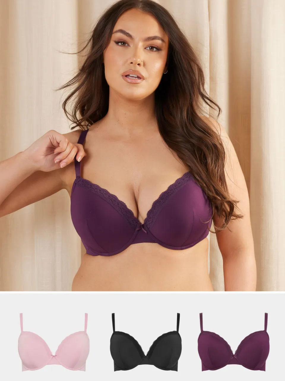 Yours 3 Pack Voorgevormde Bh's Met Kanten Rand En Beugel In Paars/Roze Purple
