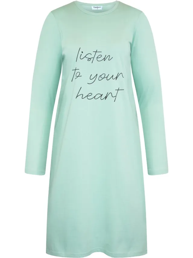 GAUBERT Essential Dames Nachthemd Lange Mouw - Premium Gekamd Katoen - Listen to your Heart - Mintgroen - GB-6804 Lange Mouw, Mintgroen, Listen to your Heart
