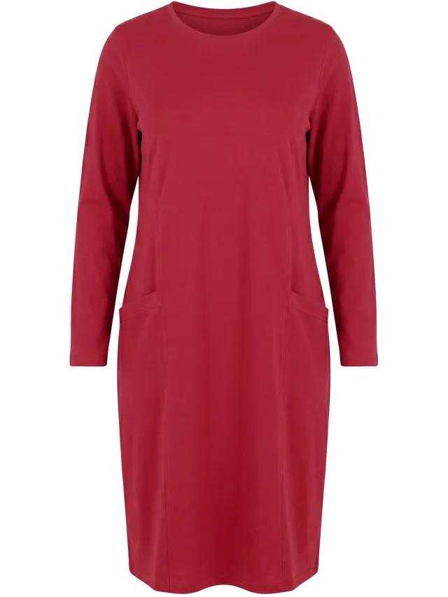Ulla Popken Dames - Bigshirt zakken ronde hals lange mouwen - Donkerrood - Maat 54+