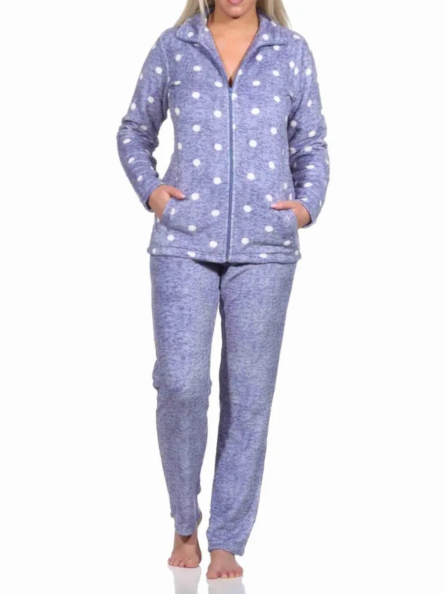 Normann Behaaglijk en warm dames huispak van koraal fleece in een geweldige polka dot look blau