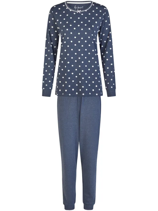 By Louise Dames Winter Pyjama Set Lang Interlock Donkerblauw Polkadot