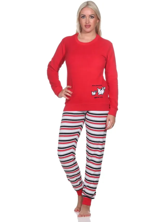 Normann Dames badstof pyjama, broek gestreept, top met schattig dierenmotief - ook in oversize rot2