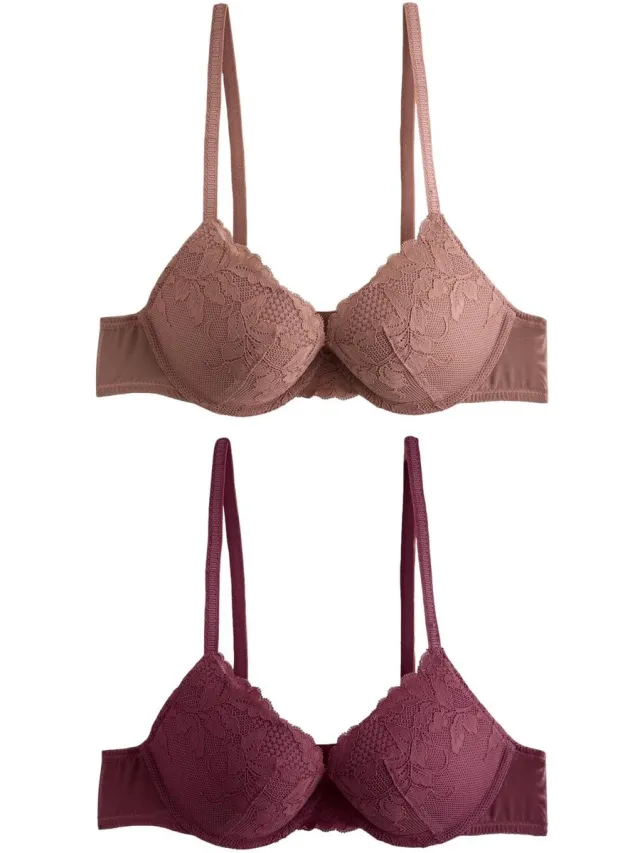 Next Dames - Set van 2 push-up beha's met lage decolleté en kant - Bruin Plum/Tan Brown