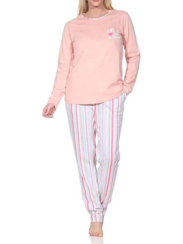 Normann dames lange pyjama in elegante strepenlook – ook in grote maten apricot