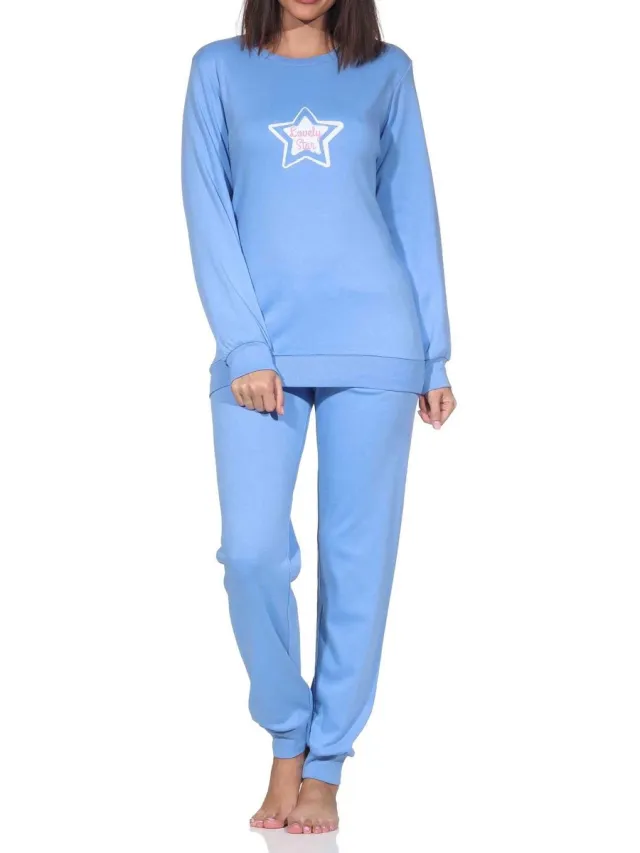 Normann dames lange pyjama in knuffelzachte interlock kwaliteit met boorden in sterlook blau