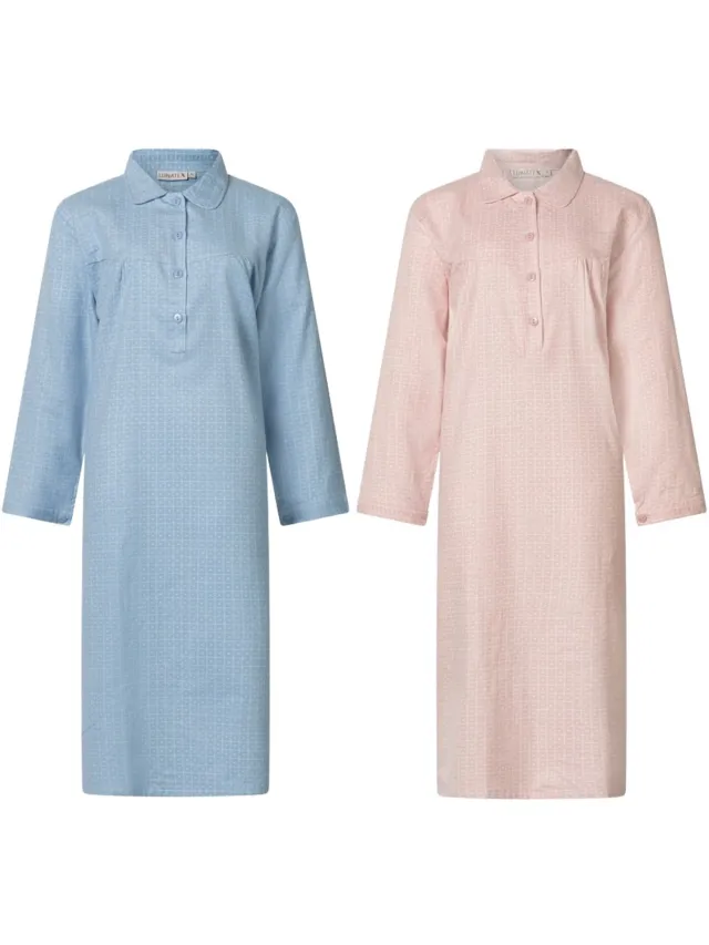 Lunatex 2 klassieke dames nachthemden 643778 met knoopsluiting - warm flanel - blauw en roze