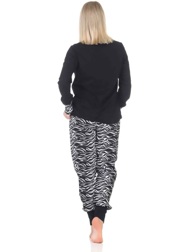 Normann damespyjama met manchetten en dierenmotief, broek in dierenprintlook schwarz