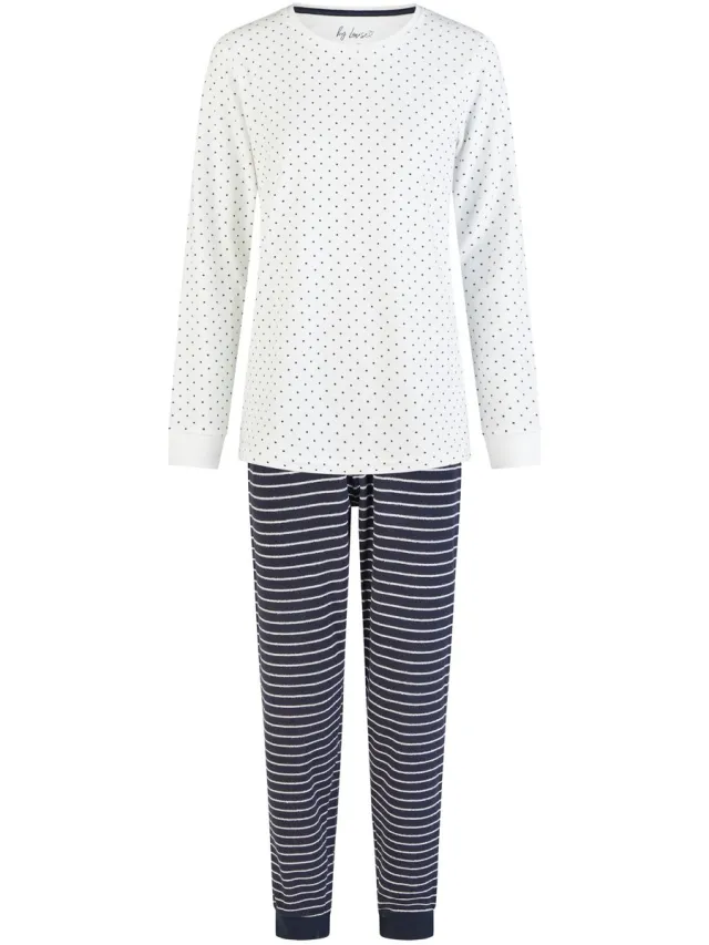 By Louise Dames Winter Pyjama Set Lang Badstof Wit/Donkerblauw Gestreept