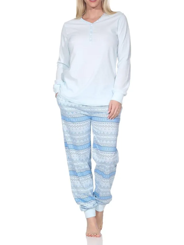 Normann damespyjama met lange mouwen en manchetten in Ethnolook - Ook in oversizes hellblau