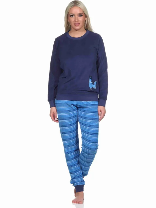 Normann Dames badstof pyjama, broek gestreept, top met schattig dierenmotief - ook in oversize navy