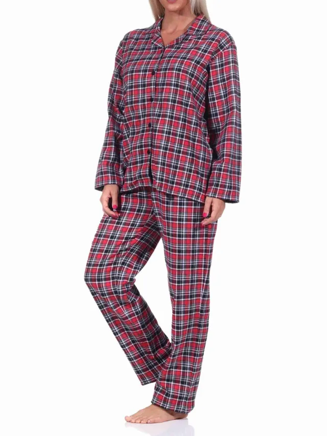 Normann Dames flanellen pyjama plaid met knoopsluiting en overhemdkraag - 222 201 15 870 rot