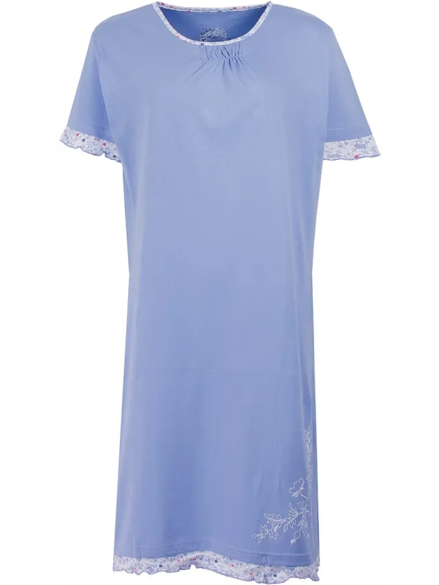Medaillon Dames Nachthemd - 100% Gekamde Katoen - Licht Blauw