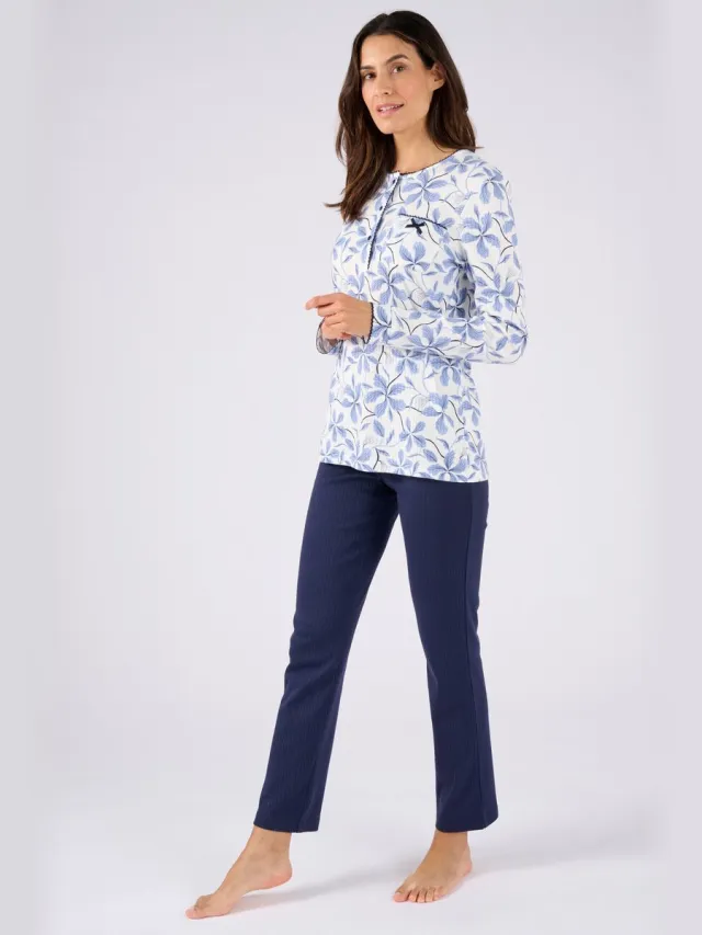 Damart Ribgebreide pyjama, licht geborstelde binnenkant - Dames - Blauw - 54-56 (XXL)