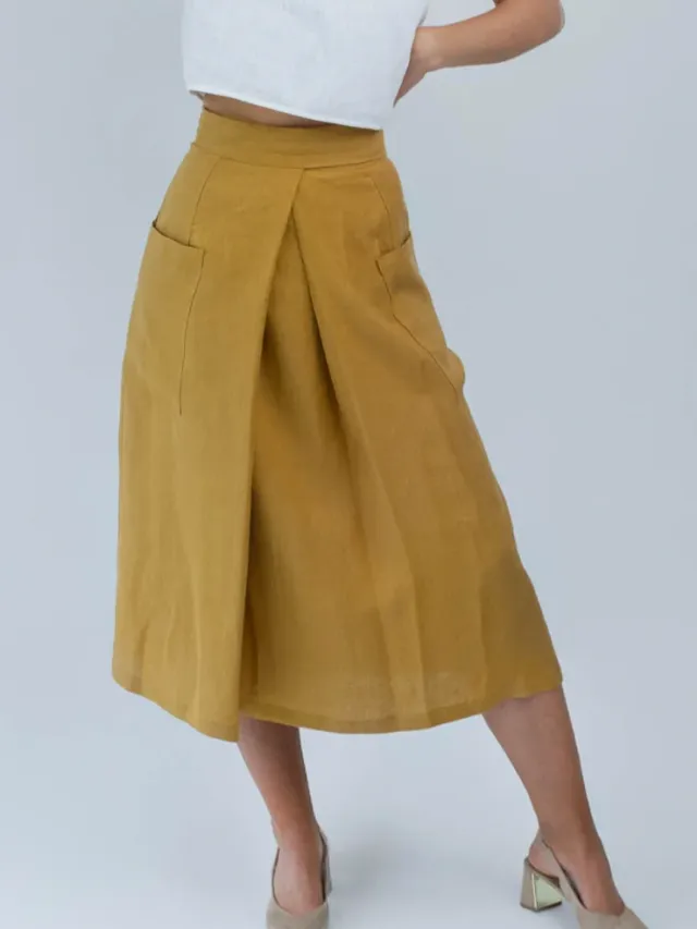 Amber Linen dames vegan Wikkelrok Japan Mosterdgeel, foto 2