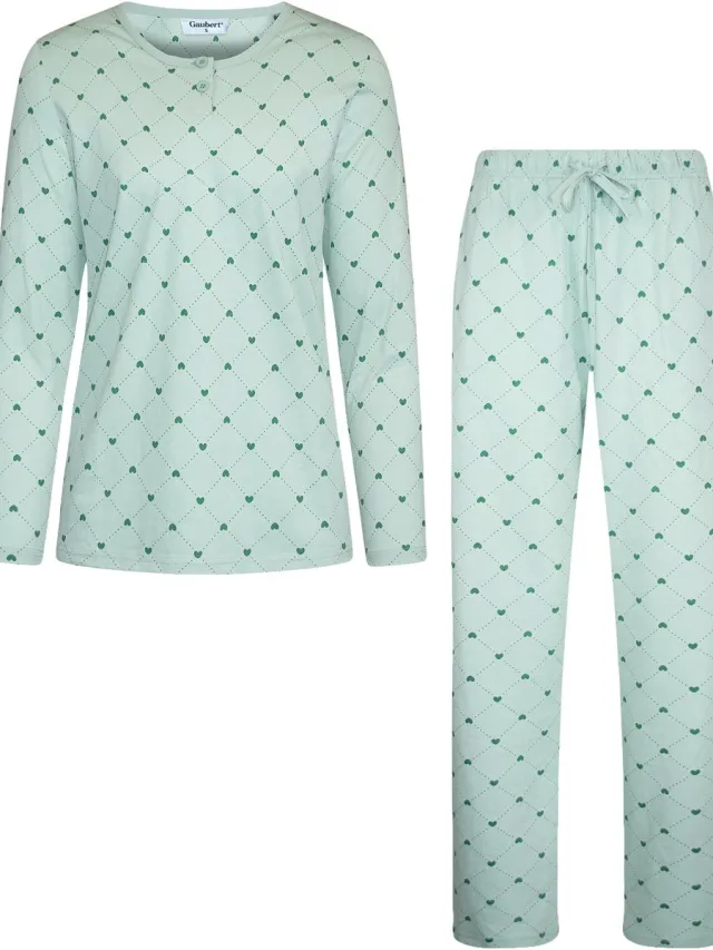 GAUBERT Essential Dames Pyjama Lange Mouw - Broek met Zakken - Premium Gekamd Katoen - Hartjes - Mintgroen - GB-2812 Lange Mouw Pyjama, Mintgroen, Hartjes