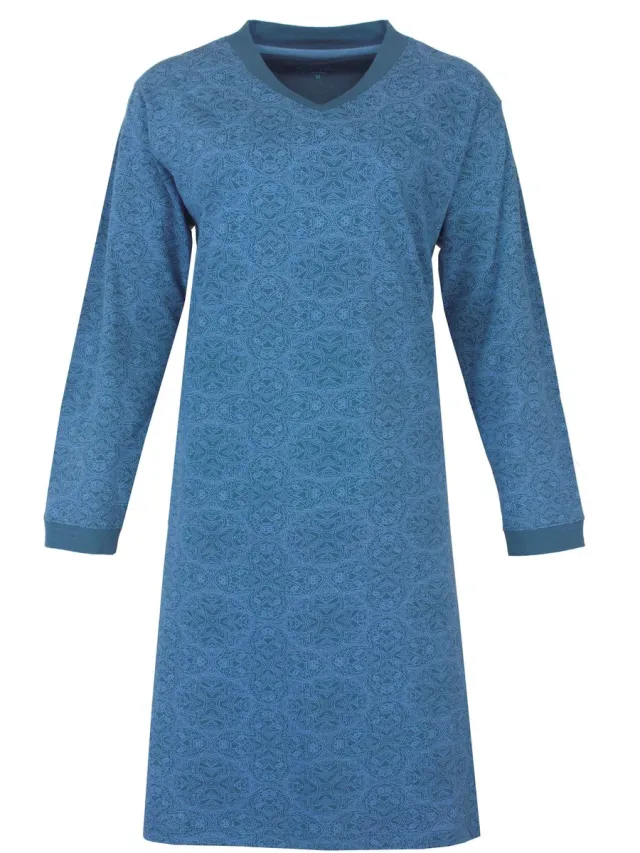 Medaillon Dames Nachthemd - Lange Mouwen - Petrol Blauw