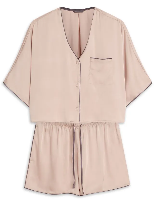 ESOTIQ Dill2 - Dames shortama - Pastelroze - Satijnen short - Knoopsluiting