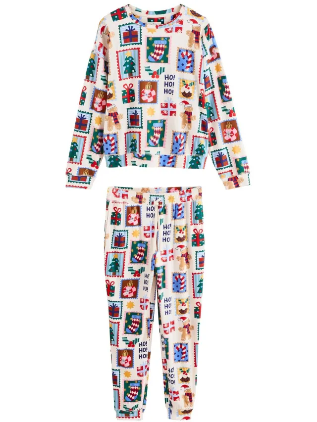 Next Dames - Behaaglijke Matching Family Petite kerstpyjama met lange mouwen - Petite - Crème Ecru Stamps