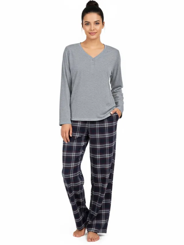 La V La-V pyjamaset voor dames met geruite flanel broek en V hals met knoopjes - Grijs