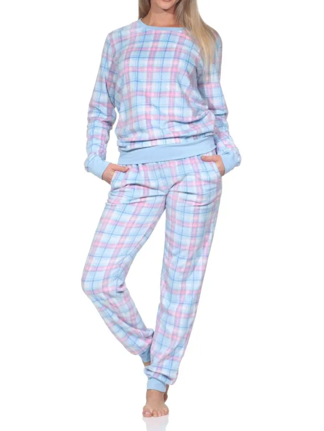 Normann fleece damespyjama met lange mouwen en manchetten in coole look hellblau1