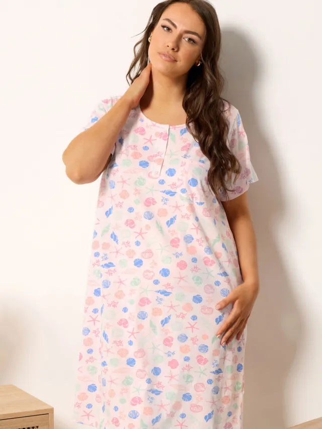 Yours Roze Nachtjapon Met Schelpen En Knoopsluiting-44 Pink