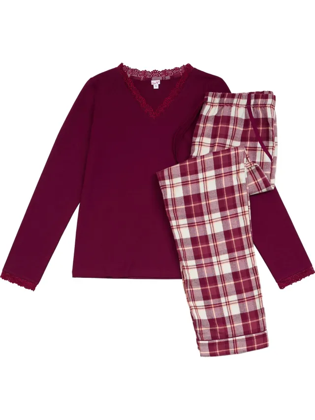 La V La-V pyjamaset voor dames met geruite flanel broek en V hals met kant contrast Bordeauxrood Xl