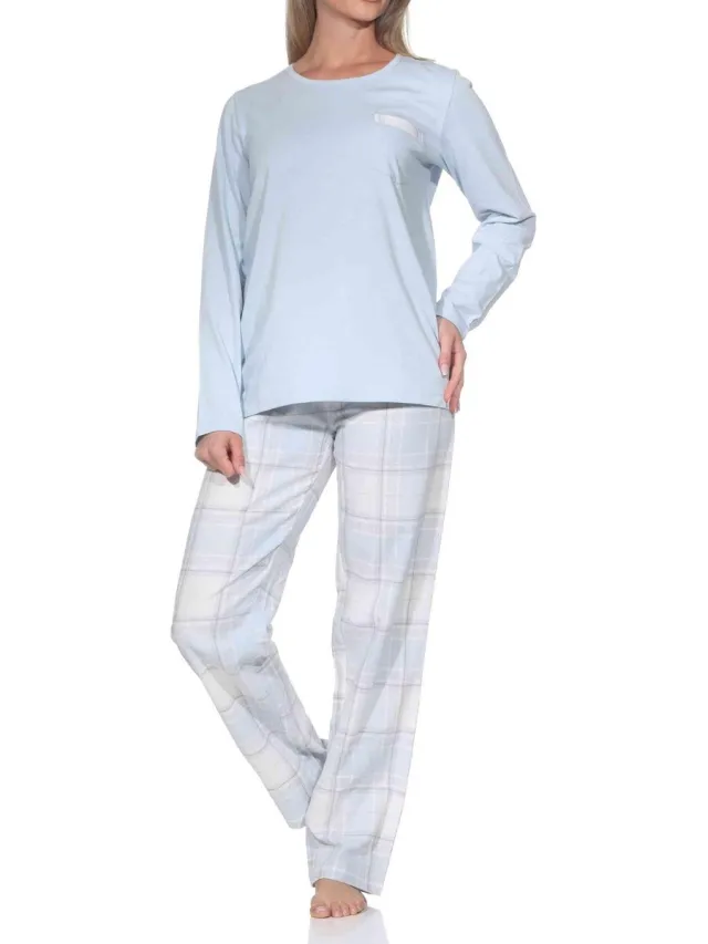 Normann lange damespyjama met geruite flanellen pyjama hellblau