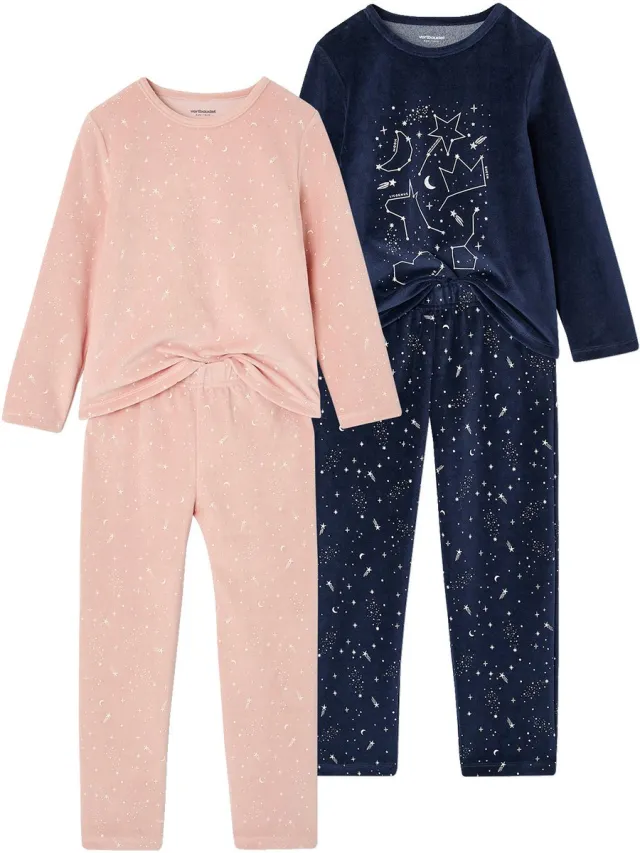 vertbaudet Set van 2 lange velours pyjama's roze (poederkleur)