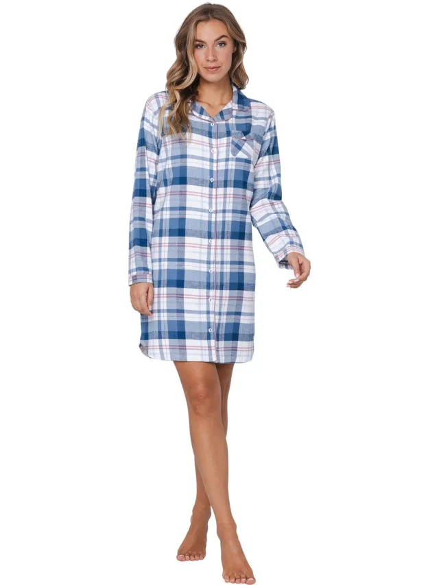 Pastunette Flannel Check - Nachthemd - Doorknoop - Blauw/Wit - Flanel