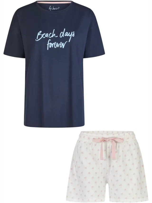 By Louise Dames Korte Pyjama Set Shortama Donkerblauw/Roze