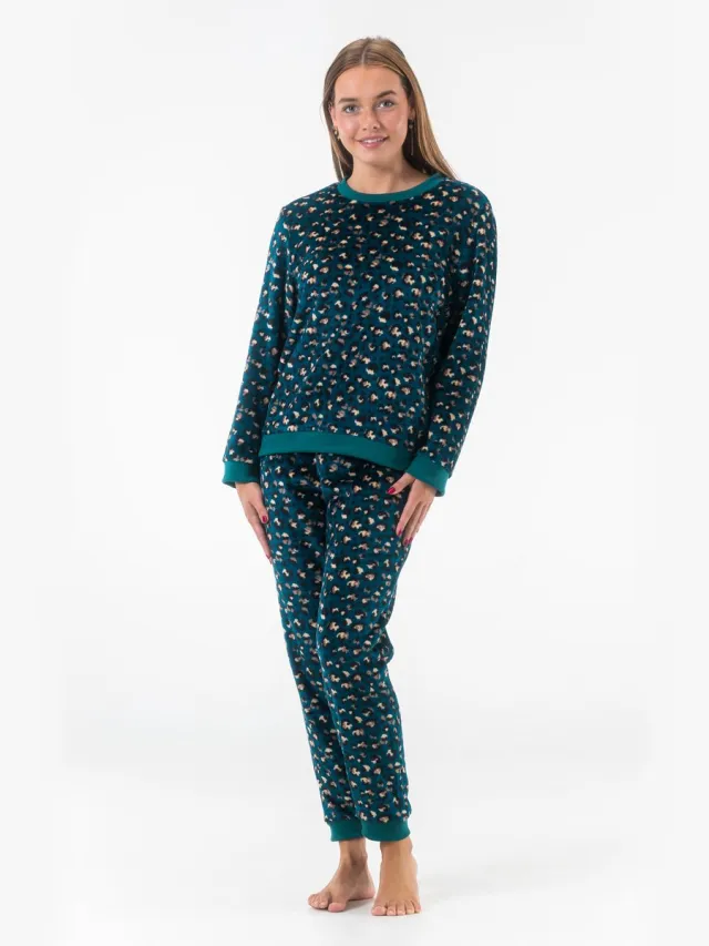 GAUBERT Dames Fleece Huispak en Pyjama - Ronde Hals - Panterprint - Superzacht Fleece - Teal Green - 2503 Ronde Hals, Panterprint