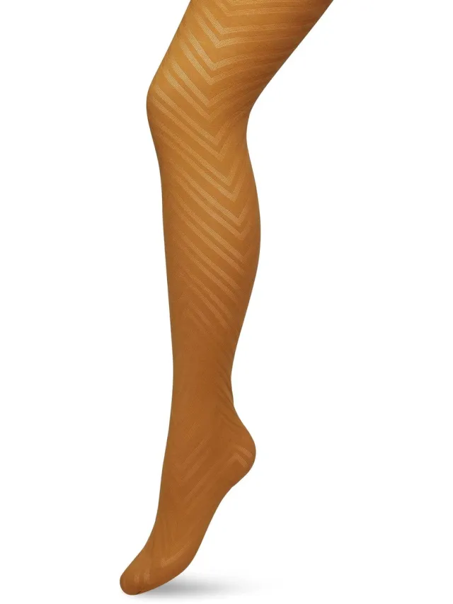 Bonnie Doon Dames Zigzag Panty 70 Denier Oker - Chique Panty - Zigzag Strepen Dessin - Brede Boord - Comfort - Streepjes Print - Gestreept - Zigzag Tights - Feestelijk - Bruin/Oranje - Sudan Brown - BP211906.367