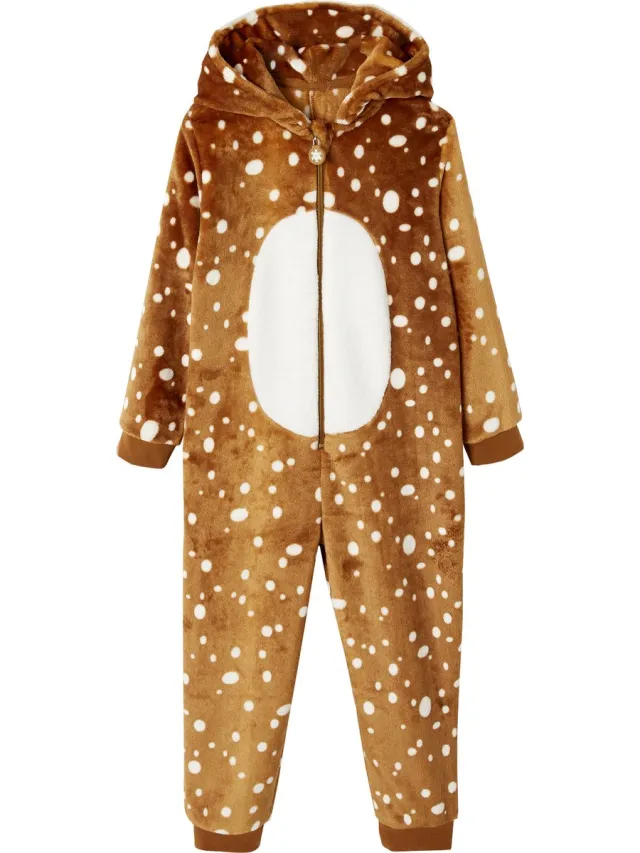 vertbaudet Onesie 'Kerstrendier' meisje pluche-effect Bruin met print