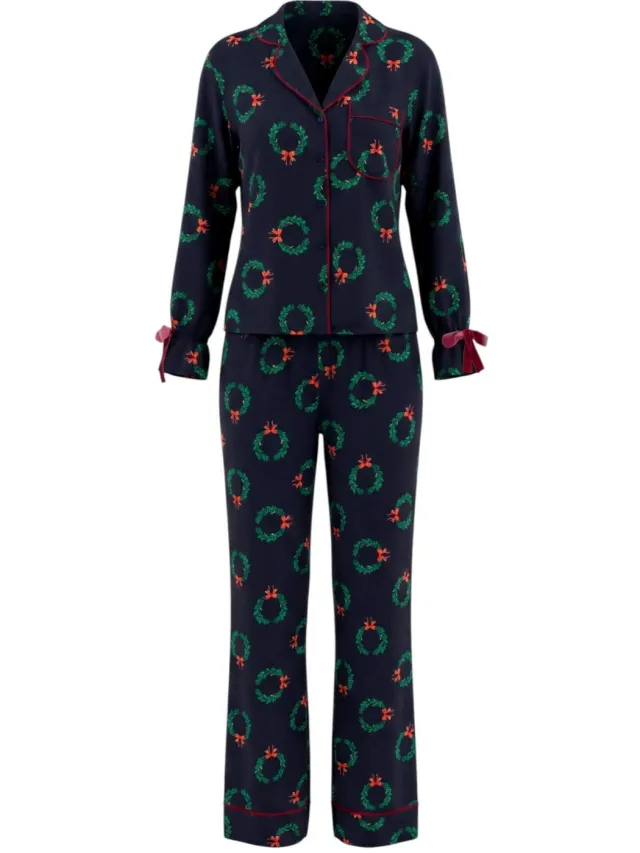 Trendyol TRENDYOLMİLLA Dames Donkerblauw Kerst- Lang, Regular fit Pyjama- Sets Marineblauw/Blauw