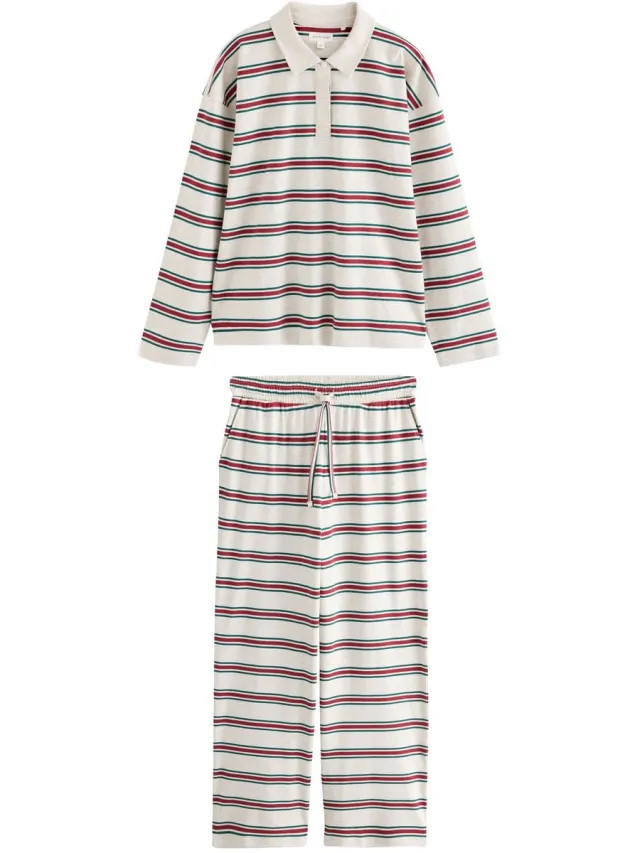 Next Dames - Rugbypyjama met lange mouwen - Crème Grey Stripe