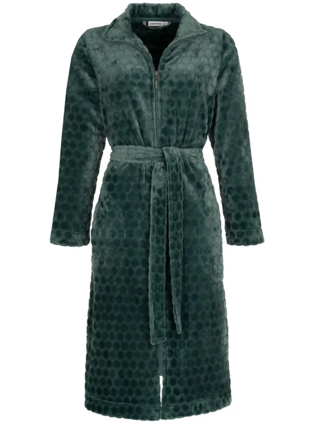 Pastunette Dames Rits Badjas - Ochtendjas - Zacht & Warm Fleece - Stippen reliëf - groen - maat S (36-38) Donkergroen