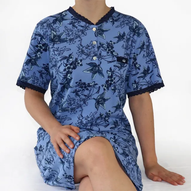 Medaillon Dames Nachthemd - Korte Mouwen - Gebloemd - Blauw