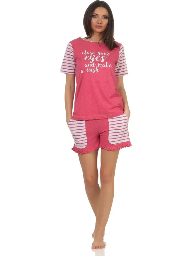 Normann Casual damespyjama met korte mouwen in collegelook met opdruk en contrasterende mouwen roze