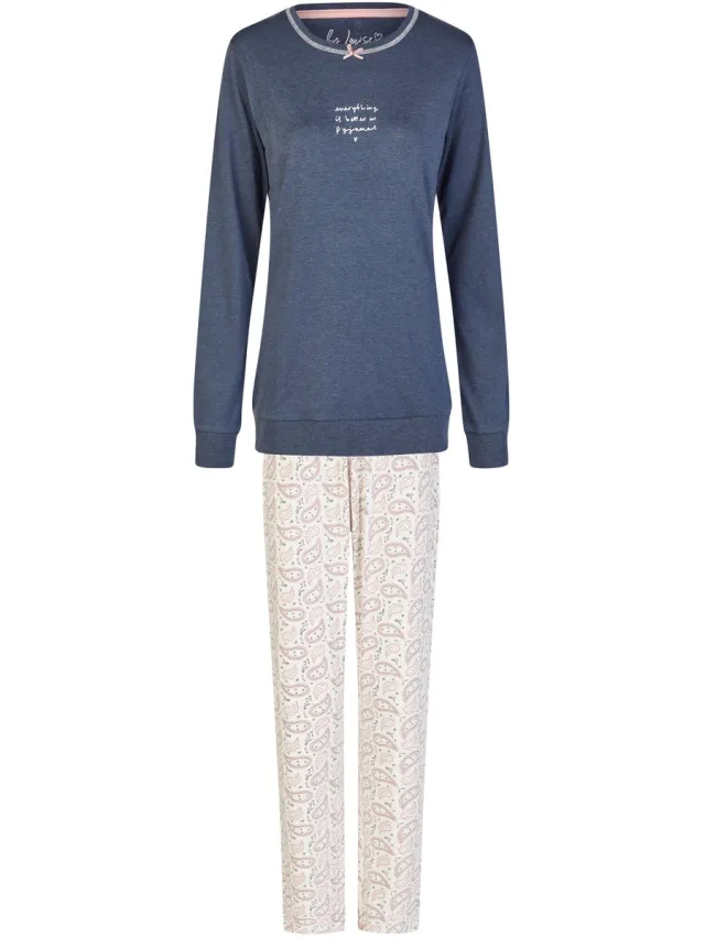 By Louise Dames Winter Pyjama Set Lang Interlock Blauw/Wit Print