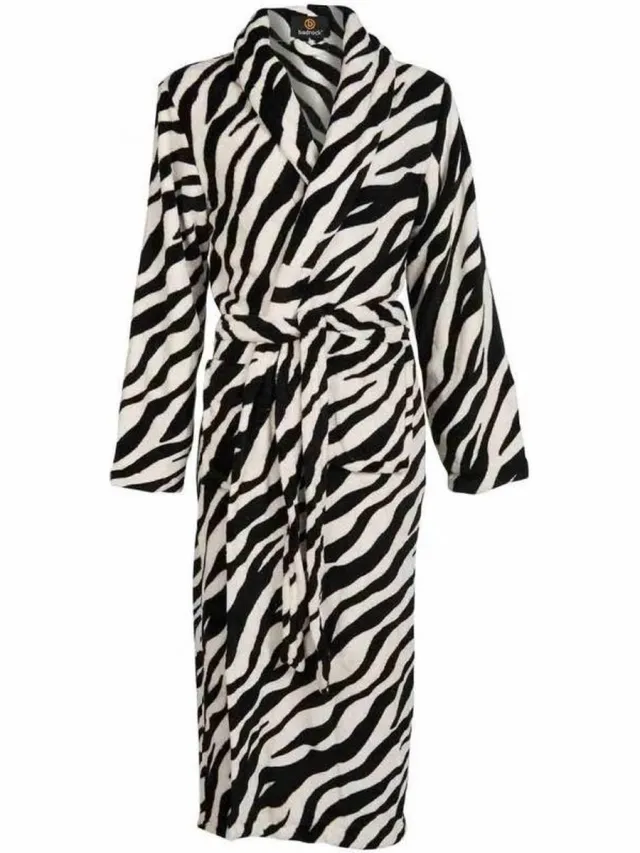 Badrock Badjas zebra- fleece badjas dames - sjaalkraag - kuitlengte print zebra