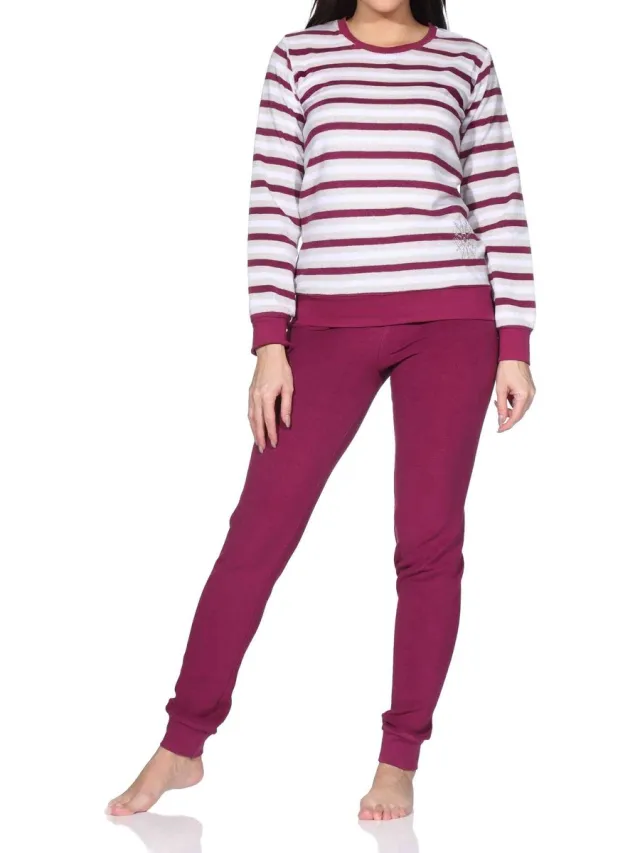 Normann Lange badstof damespyjama's, pyjama's met een gestreepte look en een ijskristalmotief beere