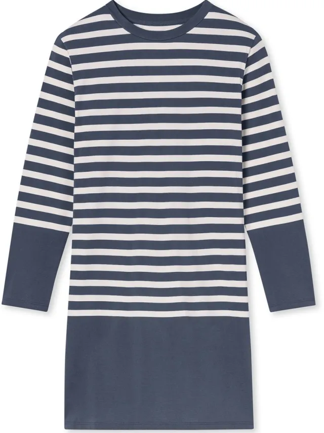 Schiesser dames Casual Nightwear nachthemd met lange mouwen met streepjes - blauwgrijs dessin