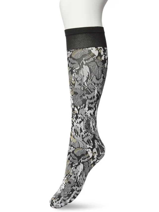Bonnie Doon Dames Panty Kniekous met Bloemen maat 36/42 Zwart - Luxe Kniekous met Lurex Glansdraden - Glitters - Botanische Knie Sokken - Pantykousen - Botanical Lurex Knee High - Gladde Naden - Zeer Comfortabel - Black - BP211508.101