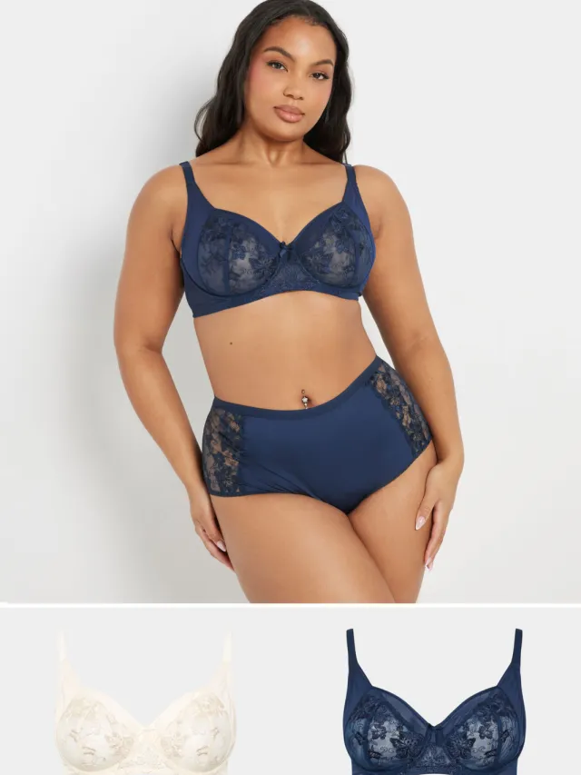 Yours 2 Pack Bh's Met Bloemenborduursel En Beugel In Donkerblauw/Wit Blue