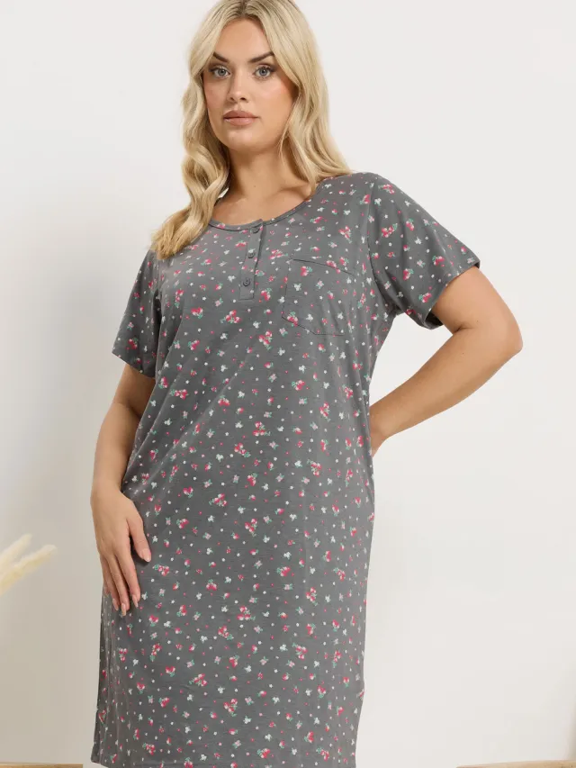 Yours Grijze Nachtjapon Met Bloemenprint En Knoopsluiting-52 Grey