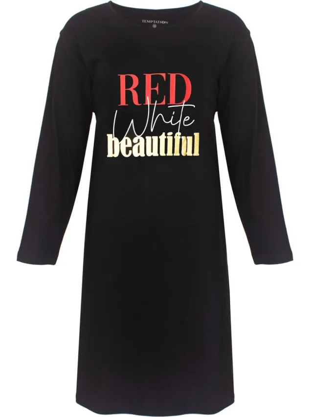 Temptation Dames Nachthemd - Bigshirt - RED White beautiful Print - Zwart