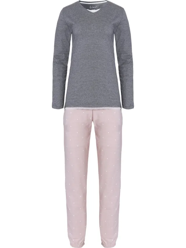 By Louise Dames Pyjama Set Lang Katoen Grijs / Roze