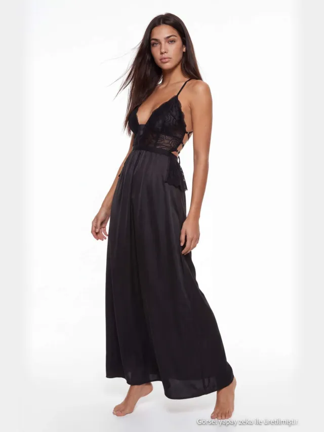 Trendyol TRENDYOLMİLLA Dames Zwart Effen Maxi Mouwloos Regular fit Nachthemden